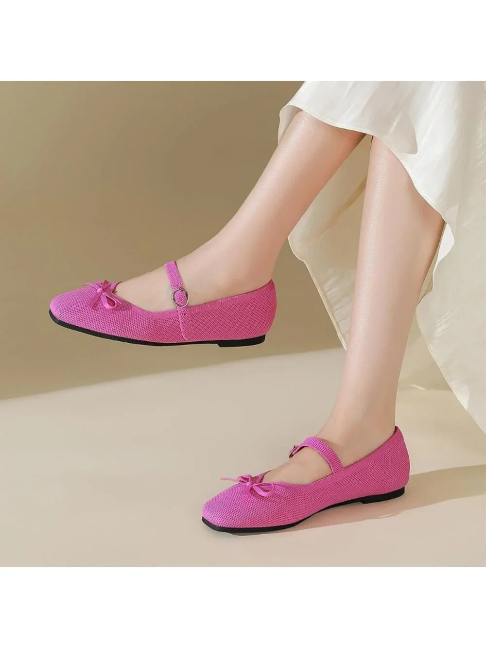 Women's Pink Comfortable Ankle Strap Square Toe Mary Jane Ballet Flats - Picture 6 of 6